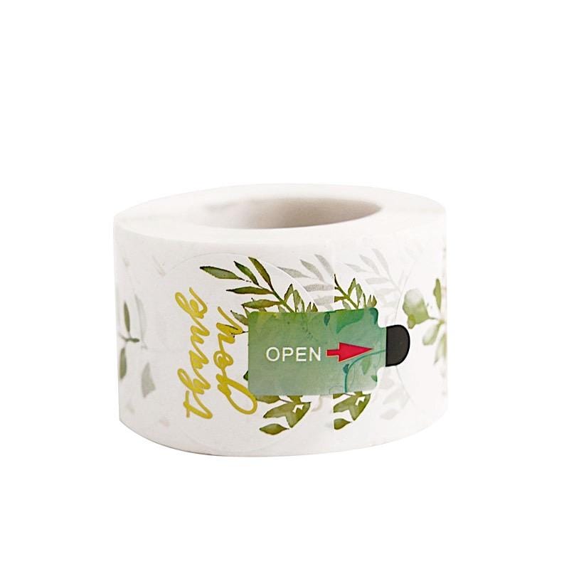 500 Thank You 1.5" Round Self Adhesive with Leaves Stickers Roll - White and Gold STK_THKS_010_15