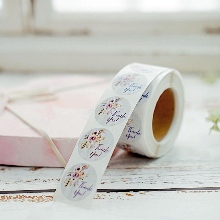 500 Thank You 1" Self Adhesive Floral Stickers Roll - Purple STK_THKS_003_1