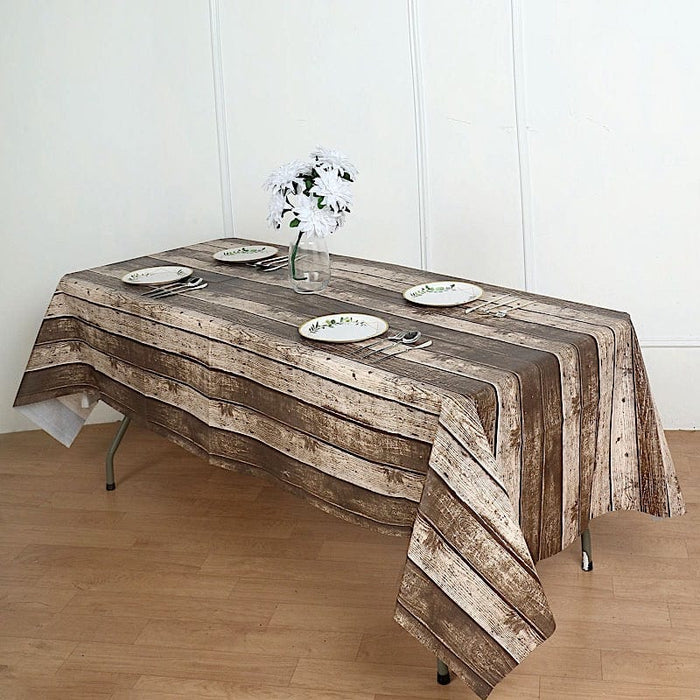 52" x 108" Rectangular Disposable Plastic Tablecloth with Wooden Print TAB_PVC_WOD01_108_GREY