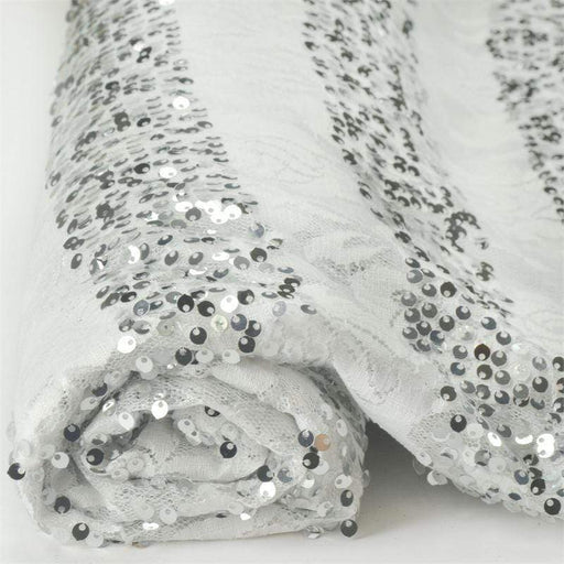 54" x 4 yards Sequined Stripes Lace Fabric Bolt - Silver and White FAB_54LACE02_WHT
