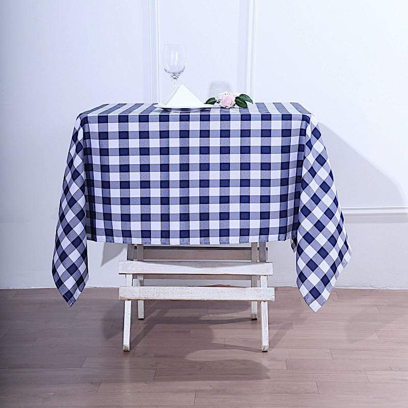 54" x 54" Checkered Gingham Polyester Tablecloth - Navy Blue and White TAB_CHK5454_NAVY