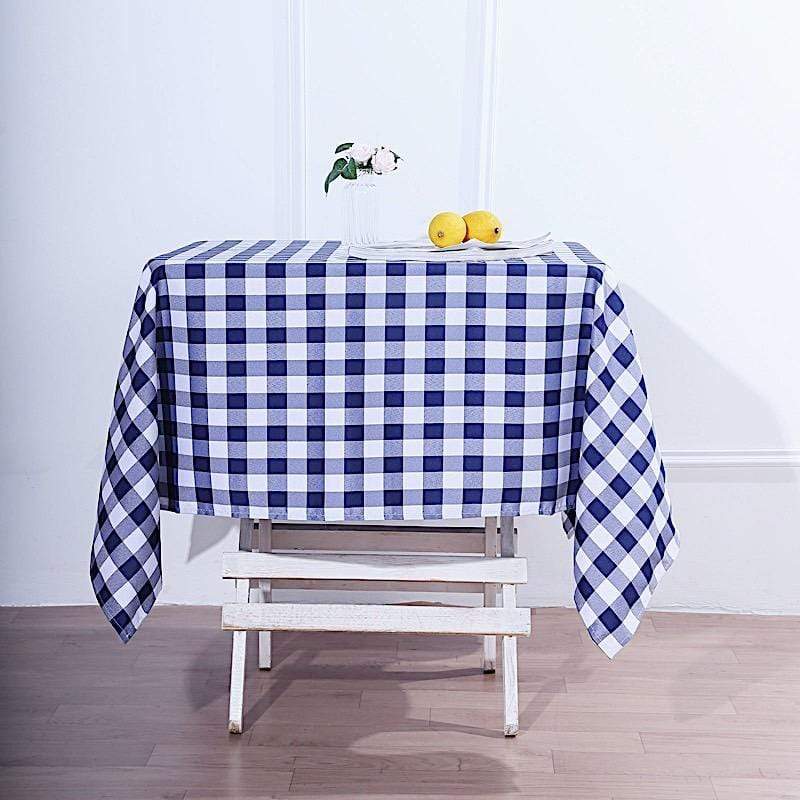 54" x 54" Checkered Gingham Polyester Tablecloth - Navy Blue and White TAB_CHK5454_NAVY