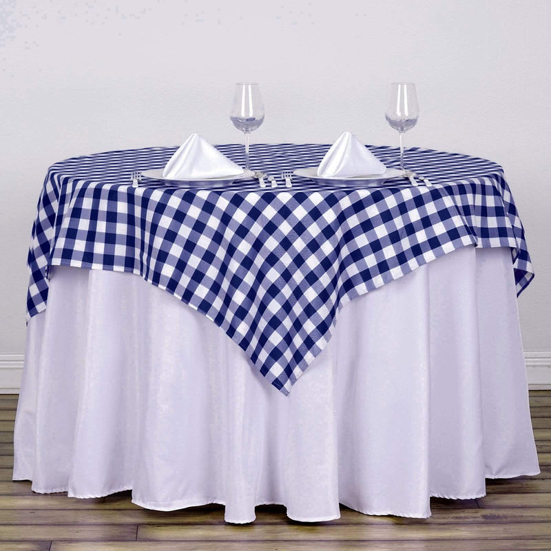 54" x 54" Checkered Gingham Polyester Tablecloth - Navy Blue and White TAB_CHK5454_NAVY