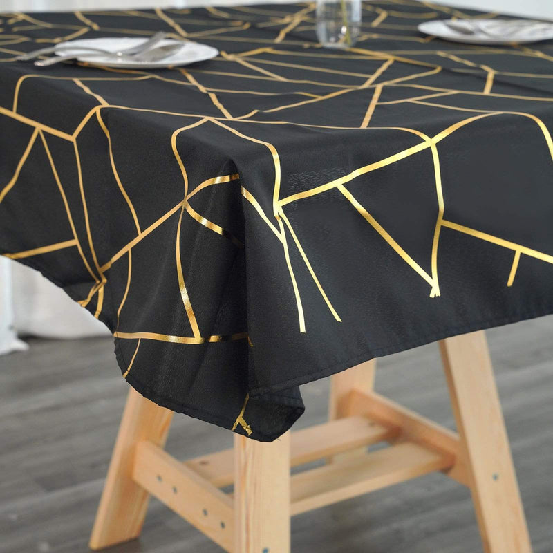 54"x54" Polyester Square Table Overlay with Metallic Geometric Pattern - Black with Gold TAB_FOIL_5454_BLK_G
