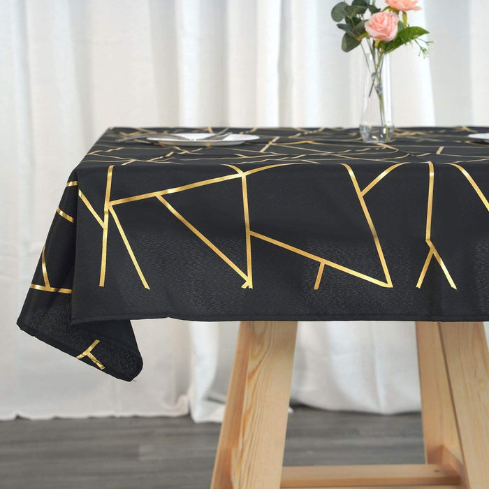 54"x54" Polyester Square Table Overlay with Metallic Geometric Pattern - Black with Gold TAB_FOIL_5454_BLK_G