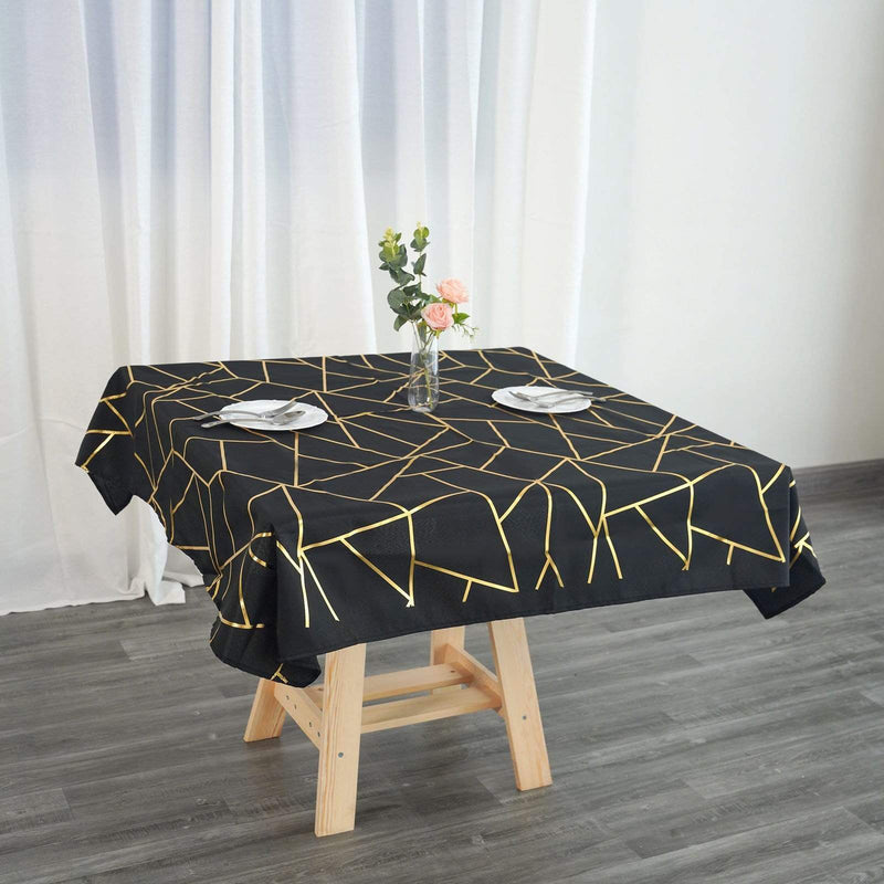 54"x54" Polyester Square Table Overlay with Metallic Geometric Pattern - Black with Gold TAB_FOIL_5454_BLK_G