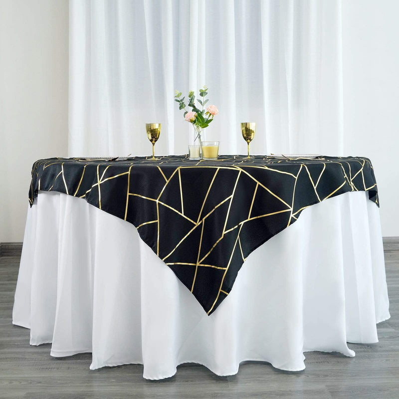54"x54" Polyester Square Table Overlay with Metallic Geometric Pattern - Black with Gold TAB_FOIL_5454_BLK_G