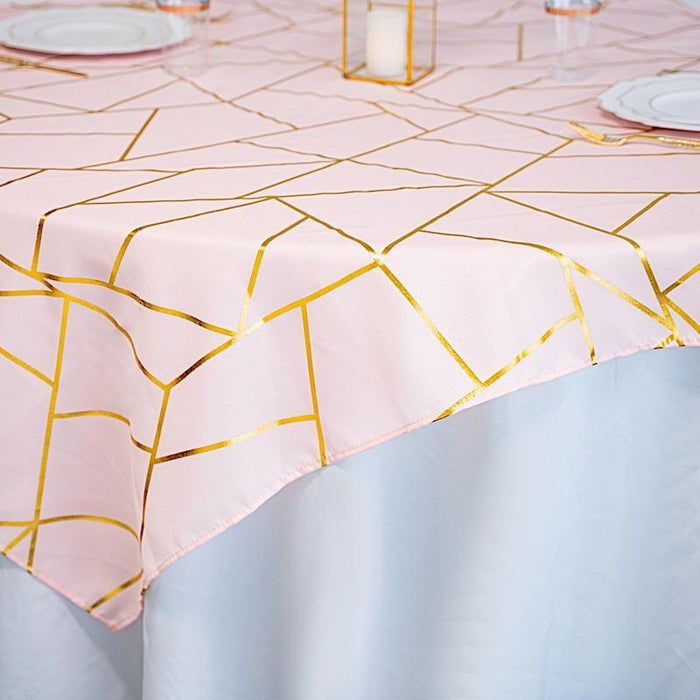54"x54" Polyester Square Table Overlay with Metallic Geometric Pattern - Blush with Gold TAB_FOIL_5454_046_G