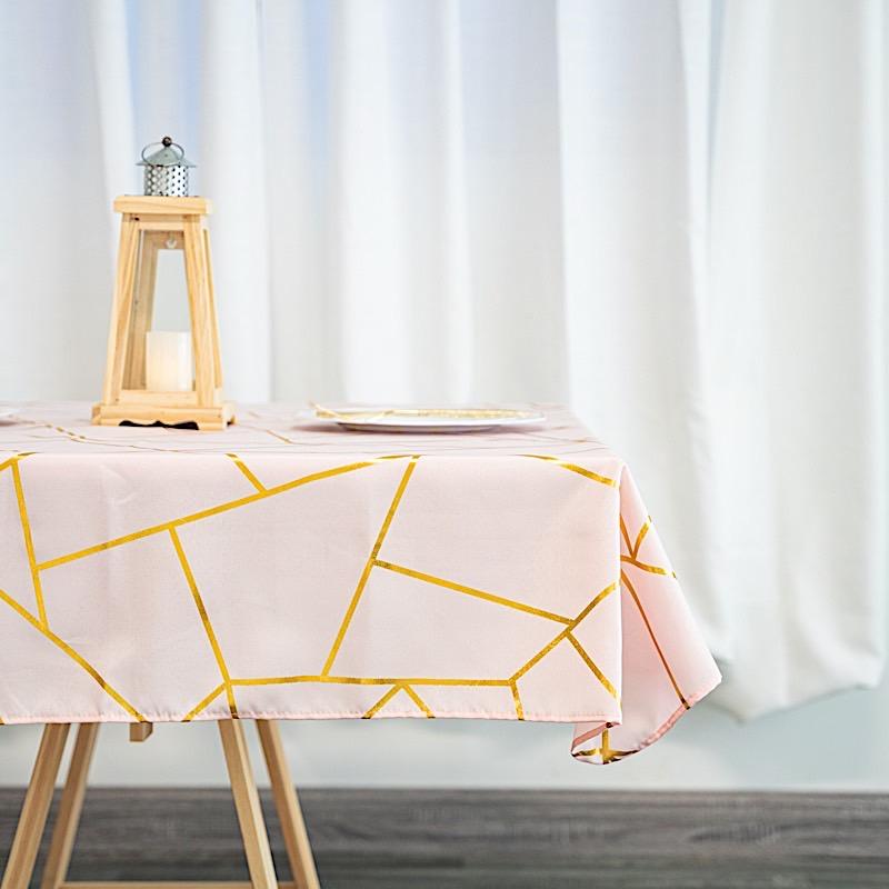54"x54" Polyester Square Table Overlay with Metallic Geometric Pattern - Blush with Gold TAB_FOIL_5454_046_G
