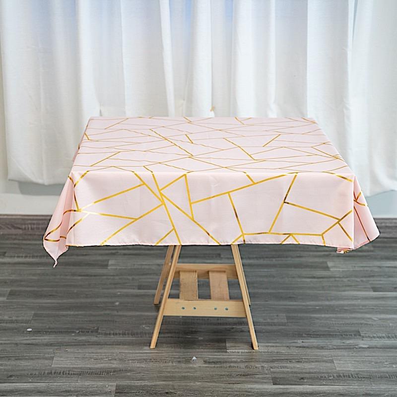 54"x54" Polyester Square Table Overlay with Metallic Geometric Pattern - Blush with Gold TAB_FOIL_5454_046_G