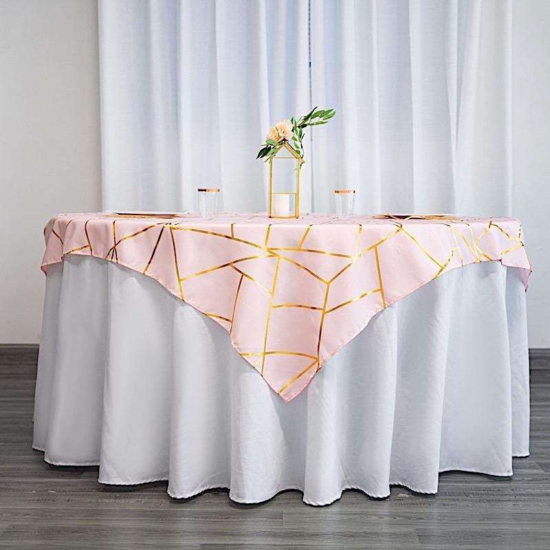 54"x54" Polyester Square Table Overlay with Metallic Geometric Pattern - Blush with Gold TAB_FOIL_5454_046_G