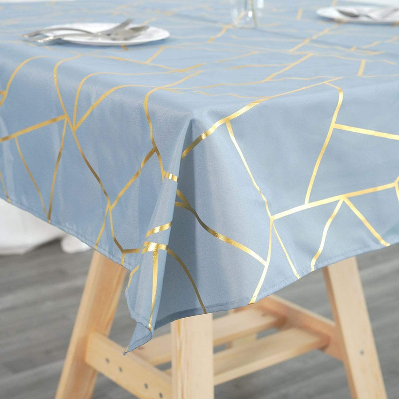 54"x54" Polyester Square Table Overlay with Metallic Geometric Pattern - Dusty Blue with Gold TAB_FOIL_5454_086_G