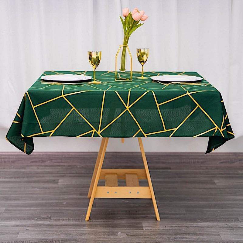 54"x54" Polyester Square Table Overlay with Metallic Geometric Pattern - Hunter Green with Gold TAB_FOIL_5454_HUNT_G