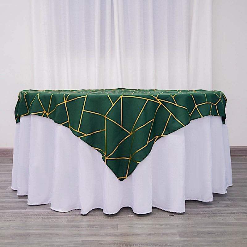 54"x54" Polyester Square Table Overlay with Metallic Geometric Pattern - Hunter Green with Gold TAB_FOIL_5454_HUNT_G