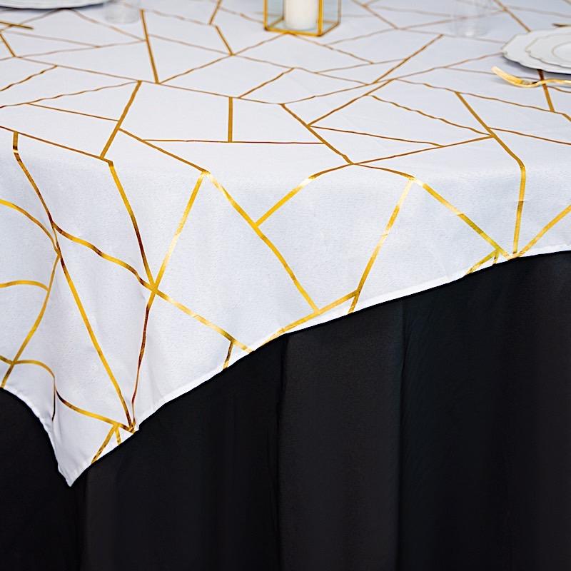 54"x54" Polyester Square Table Overlay with Metallic Geometric Pattern - White with Gold TAB_FOIL_5454_WHT_G