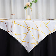 54"x54" Polyester Square Table Overlay with Metallic Geometric Pattern - White with Gold TAB_FOIL_5454_WHT_G