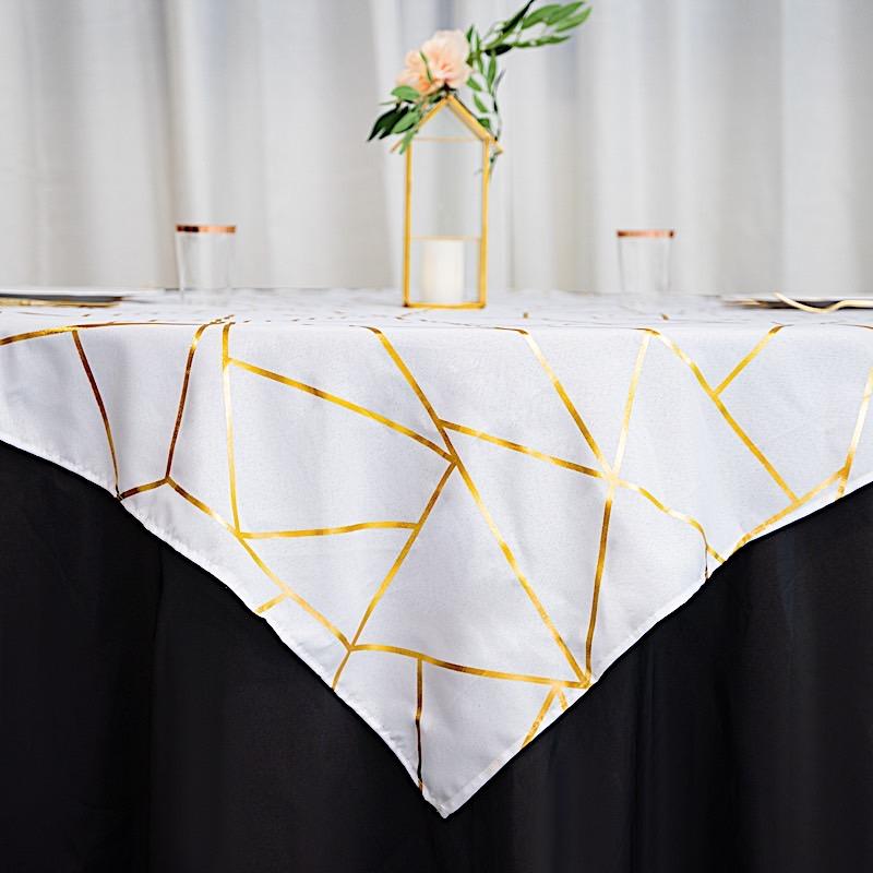 54"x54" Polyester Square Table Overlay with Metallic Geometric Pattern - White with Gold TAB_FOIL_5454_WHT_G