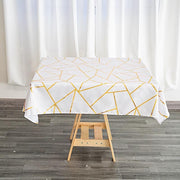 54"x54" Polyester Square Table Overlay with Metallic Geometric Pattern - White with Gold TAB_FOIL_5454_WHT_G