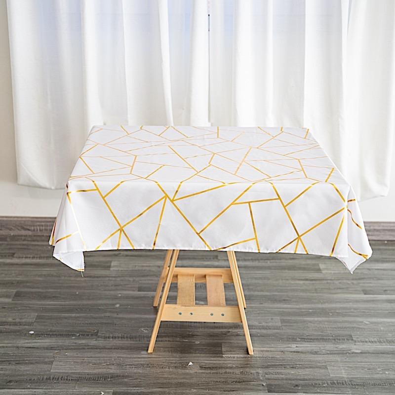 54"x54" Polyester Square Table Overlay with Metallic Geometric Pattern - White with Gold TAB_FOIL_5454_WHT_G