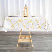 54"x54" Polyester Square Table Overlay with Metallic Geometric Pattern - White with Gold TAB_FOIL_5454_WHT_G
