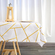 54"x54" Polyester Square Table Overlay with Metallic Geometric Pattern - White with Gold TAB_FOIL_5454_WHT_G