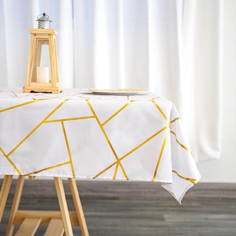 54"x54" Polyester Square Table Overlay with Metallic Geometric Pattern - White with Gold TAB_FOIL_5454_WHT_G