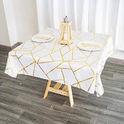 54"x54" Polyester Square Table Overlay with Metallic Geometric Pattern - White with Gold TAB_FOIL_5454_WHT_G