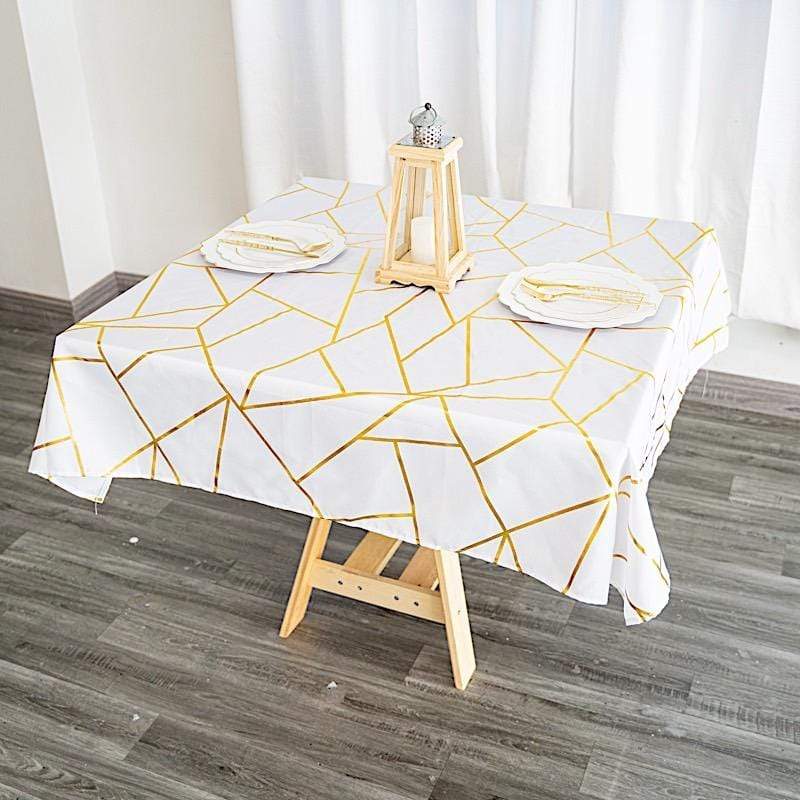54"x54" Polyester Square Table Overlay with Metallic Geometric Pattern - White with Gold TAB_FOIL_5454_WHT_G