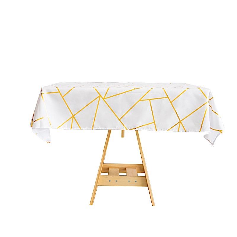 54"x54" Polyester Square Table Overlay with Metallic Geometric Pattern - White with Gold TAB_FOIL_5454_WHT_G