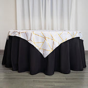 54"x54" Polyester Square Table Overlay with Metallic Geometric Pattern - White with Gold TAB_FOIL_5454_WHT_G