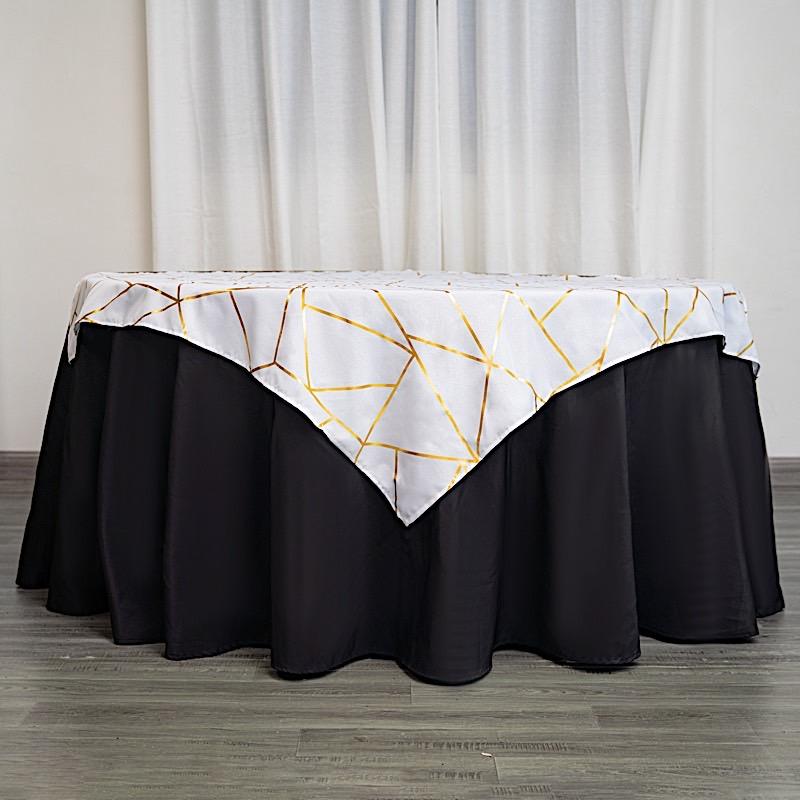 54"x54" Polyester Square Table Overlay with Metallic Geometric Pattern - White with Gold TAB_FOIL_5454_WHT_G