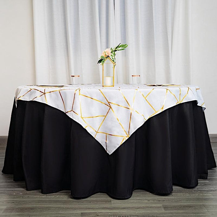54"x54" Polyester Square Table Overlay with Metallic Geometric Pattern - White with Gold TAB_FOIL_5454_WHT_G