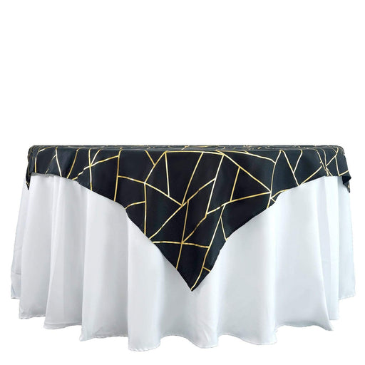 54"x54" Polyester Square Table Overlay with Metallic Geometric Pattern - Black with Gold TAB_FOIL_5454_BLK_G