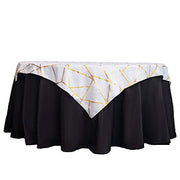 54"x54" Polyester Square Table Overlay with Metallic Geometric Pattern - White with Gold TAB_FOIL_5454_WHT_G