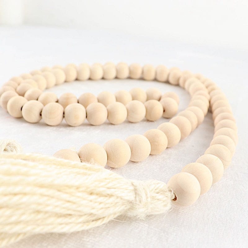 55" Wood Bead Chain with Tassels Hanging Garland - Cream BEAD_WOD01_5_CRM