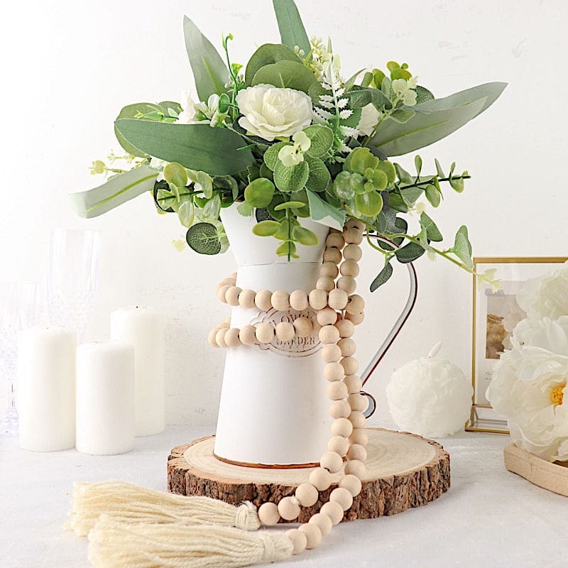55" Wood Bead Chain with Tassels Hanging Garland - Cream BEAD_WOD01_5_CRM