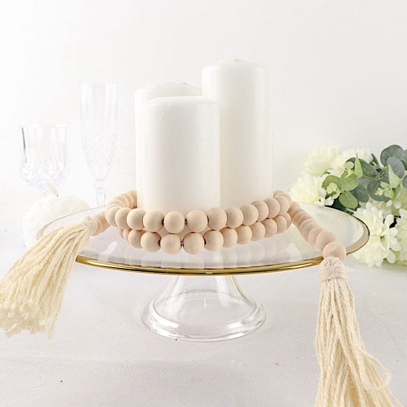55" Wood Bead Chain with Tassels Hanging Garland - Cream BEAD_WOD01_5_CRM