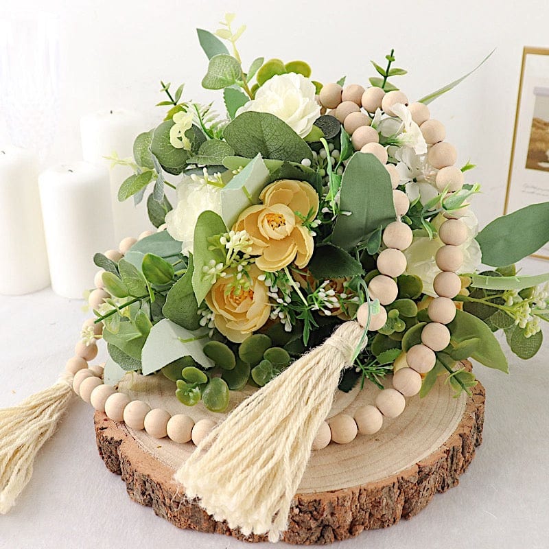 55" Wood Bead Chain with Tassels Hanging Garland - Cream BEAD_WOD01_5_CRM