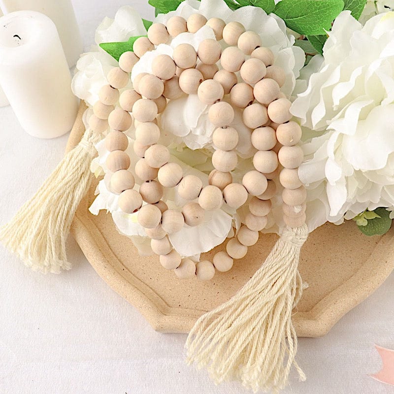 55" Wood Bead Chain with Tassels Hanging Garland - Cream BEAD_WOD01_5_CRM