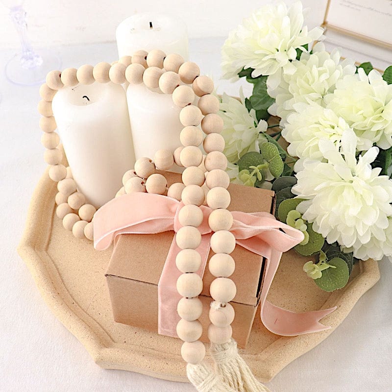 55" Wood Bead Chain with Tassels Hanging Garland - Cream BEAD_WOD01_5_CRM