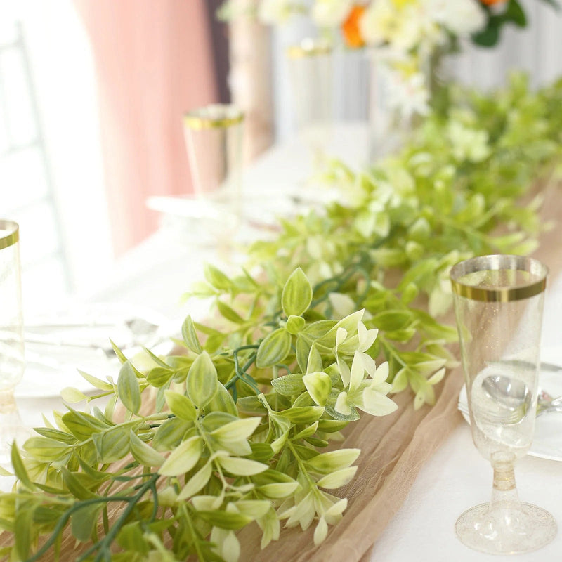 6.5 ft Artificial Peperomia Tetragona Leaves Garland Faux Hanging Vine - Green and White ARTI_GLND_GRN019