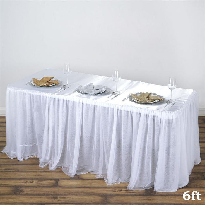 6 ft 3 Layers Tulle with Satin Topper Fitted Rectangular Tablecloth - White TAB_T02_FT6_WHT