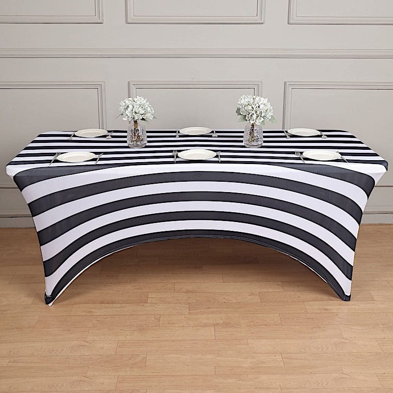 6 ft Fitted Premium Spandex Tablecloth Striped Table Cover - Black and White TAB_REC_SPX6FT_15_BLK
