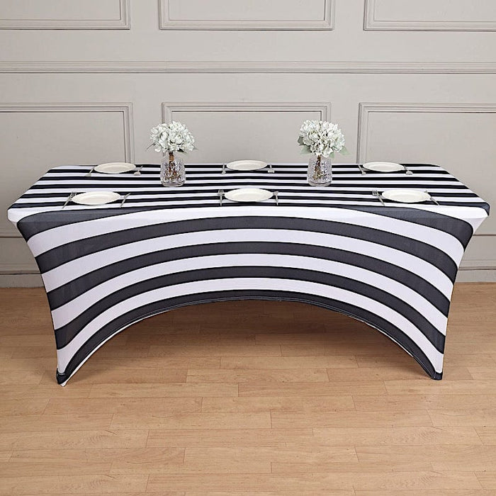 6 ft Fitted Premium Spandex Tablecloth Striped Table Cover - Black and White TAB_REC_SPX6FT_15_BLK