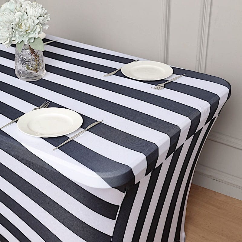 6 ft Fitted Premium Spandex Tablecloth Striped Table Cover - Black and White TAB_REC_SPX6FT_15_BLK