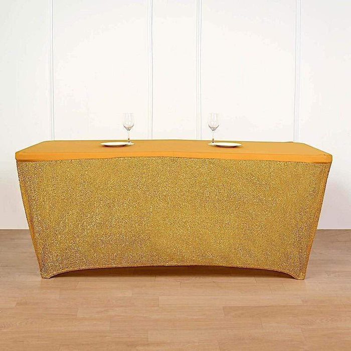 6 ft Fitted Spandex Tablecloth Ruffled Metallic Table Cover - Gold TAB_REC_SPX6FT_23_GOLD