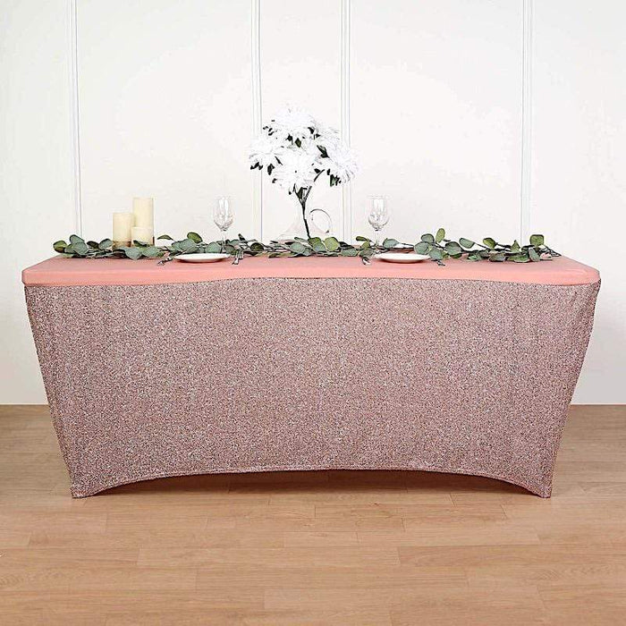 6 ft Fitted Spandex Tablecloth Ruffled Metallic Table Cover - Rose Gold TAB_REC_SPX6FT_23_054
