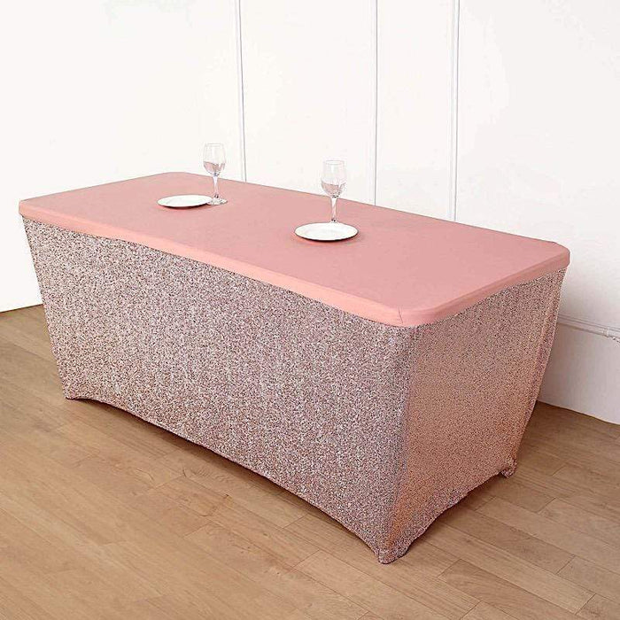 6 ft Fitted Spandex Tablecloth Ruffled Metallic Table Cover - Rose Gold TAB_REC_SPX6FT_23_054