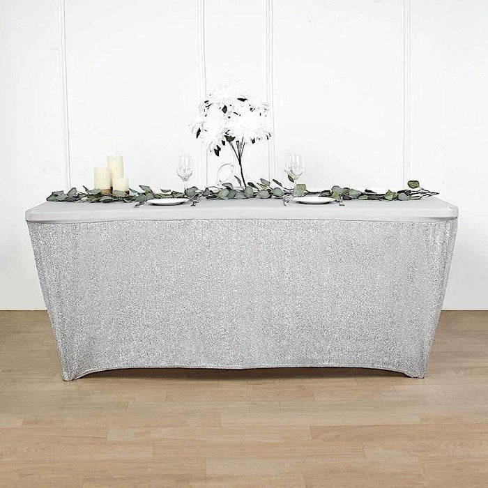6 ft Fitted Spandex Tablecloth Ruffled Metallic Table Cover - Silver TAB_REC_SPX6FT_23_SILV