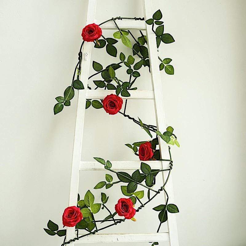 6 ft long 5 Silk Rose Flowers Garland with Leaves and Bendable Wire Vines